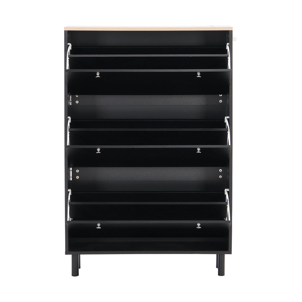 ON-TREND Narrow Design Tipping Bucket Shoe Cabinet with 3 Flip Drawers, Wood Grain Pattern Top Entryway Organizer with 3 Hooks, Free Standing Shoe Rack with Adjustable Panel for Hallway, Black