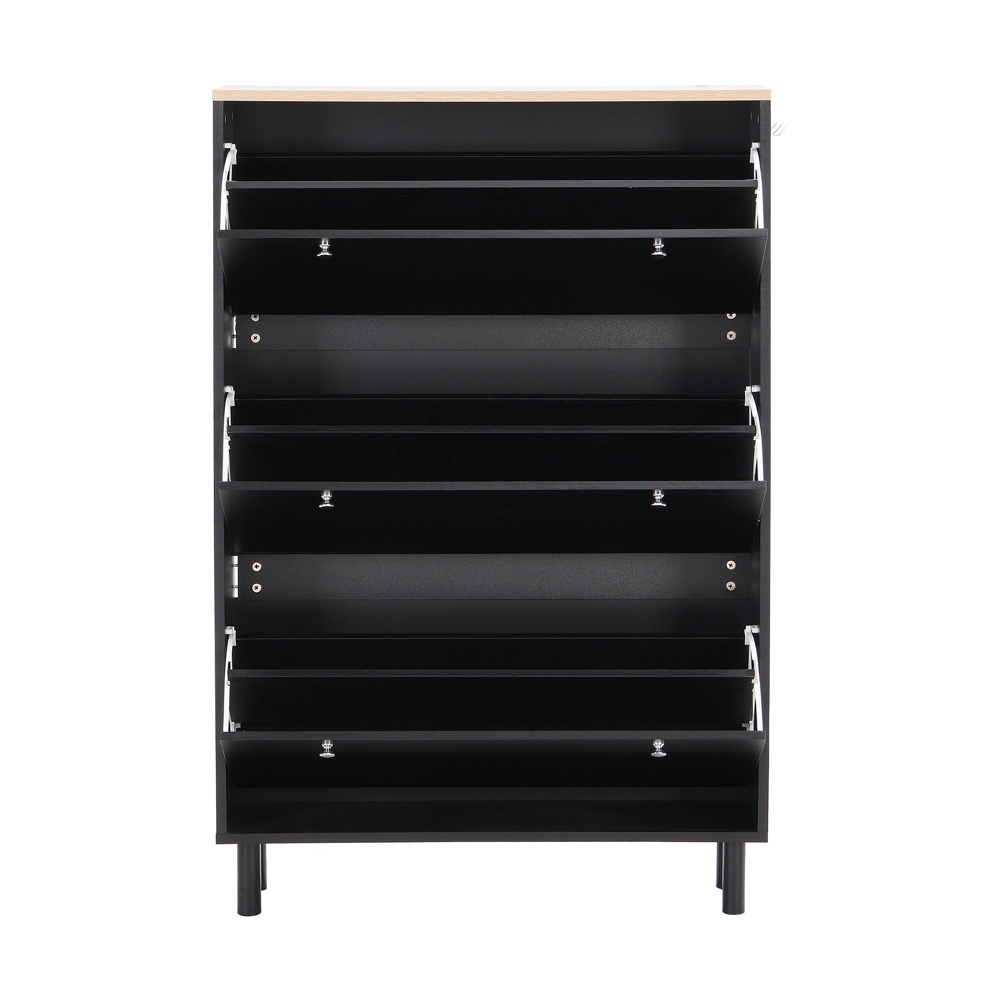 ON-TREND Narrow Design Tipping Bucket Shoe Cabinet with 3 Flip Drawers, Wood Grain Pattern Top Entryway Organizer with 3 Hooks, Free Standing Shoe Rack with Adjustable Panel for Hallway, Black