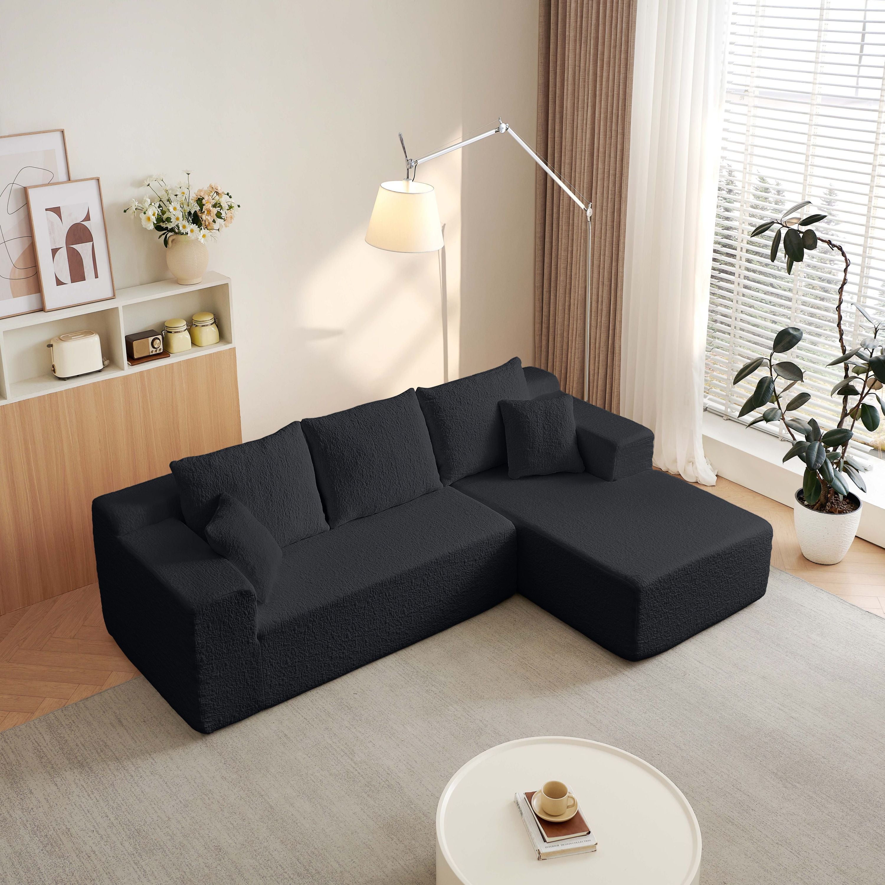 Modern Modular 104' Cloud Sectional Couch with L-Shape Chaise Upholstered in Black Chenille Fabric