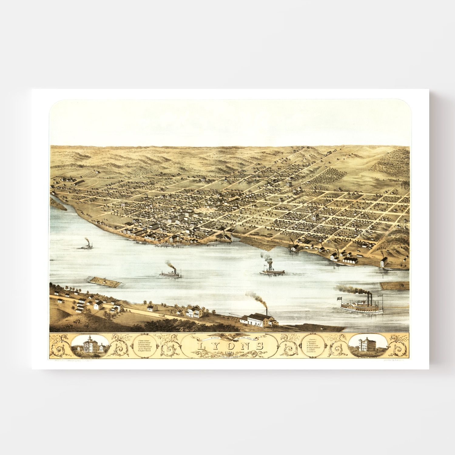 Vintage Map of Lyons, Iowa 1868
