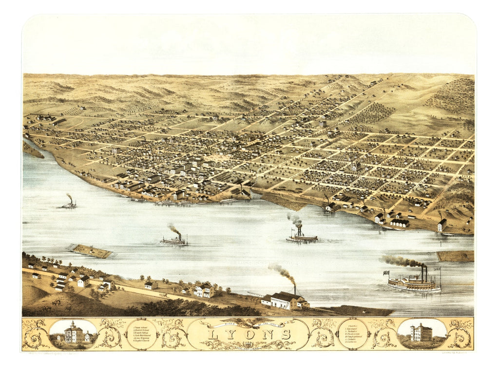 Vintage Map of Lyons, Iowa 1868