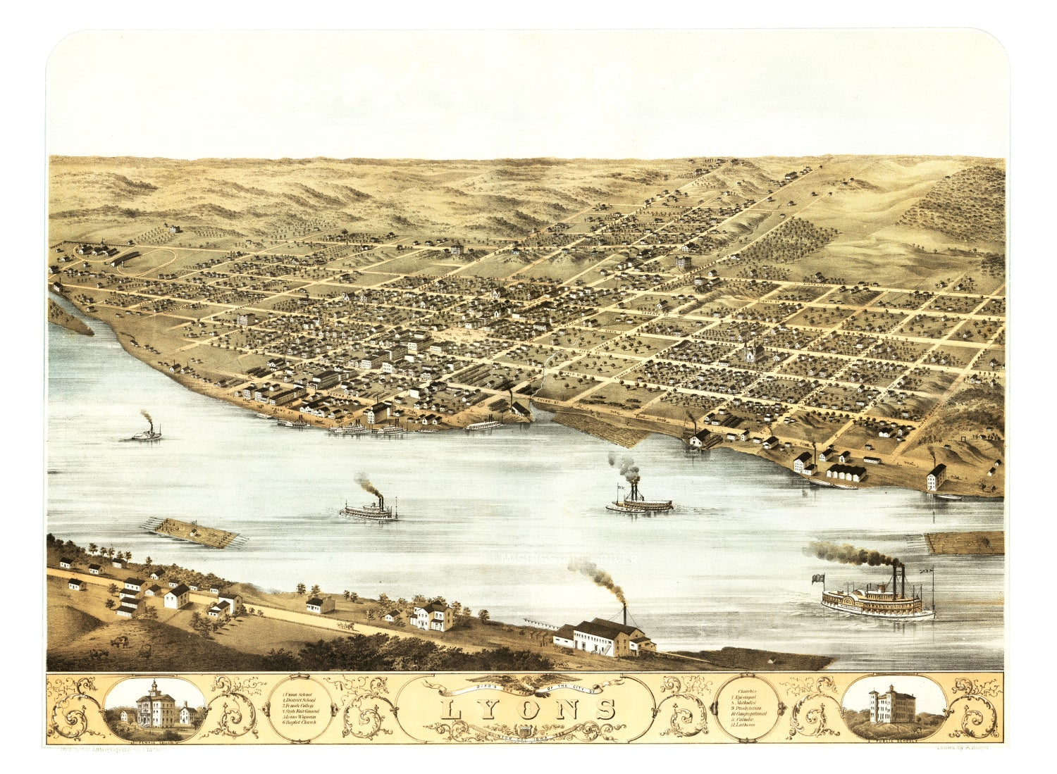 Vintage Map of Lyons, Iowa 1868