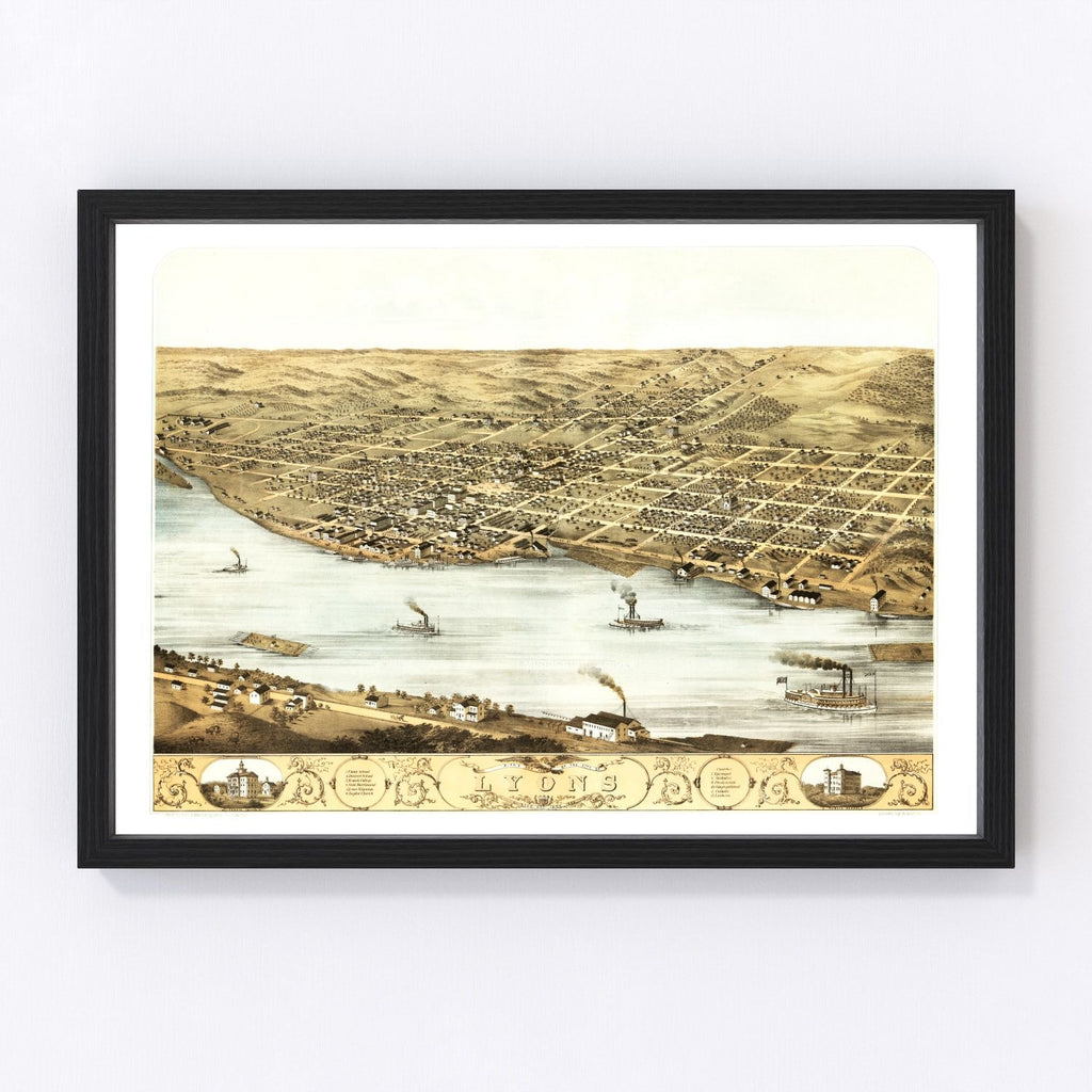 Vintage Map of Lyons, Iowa 1868