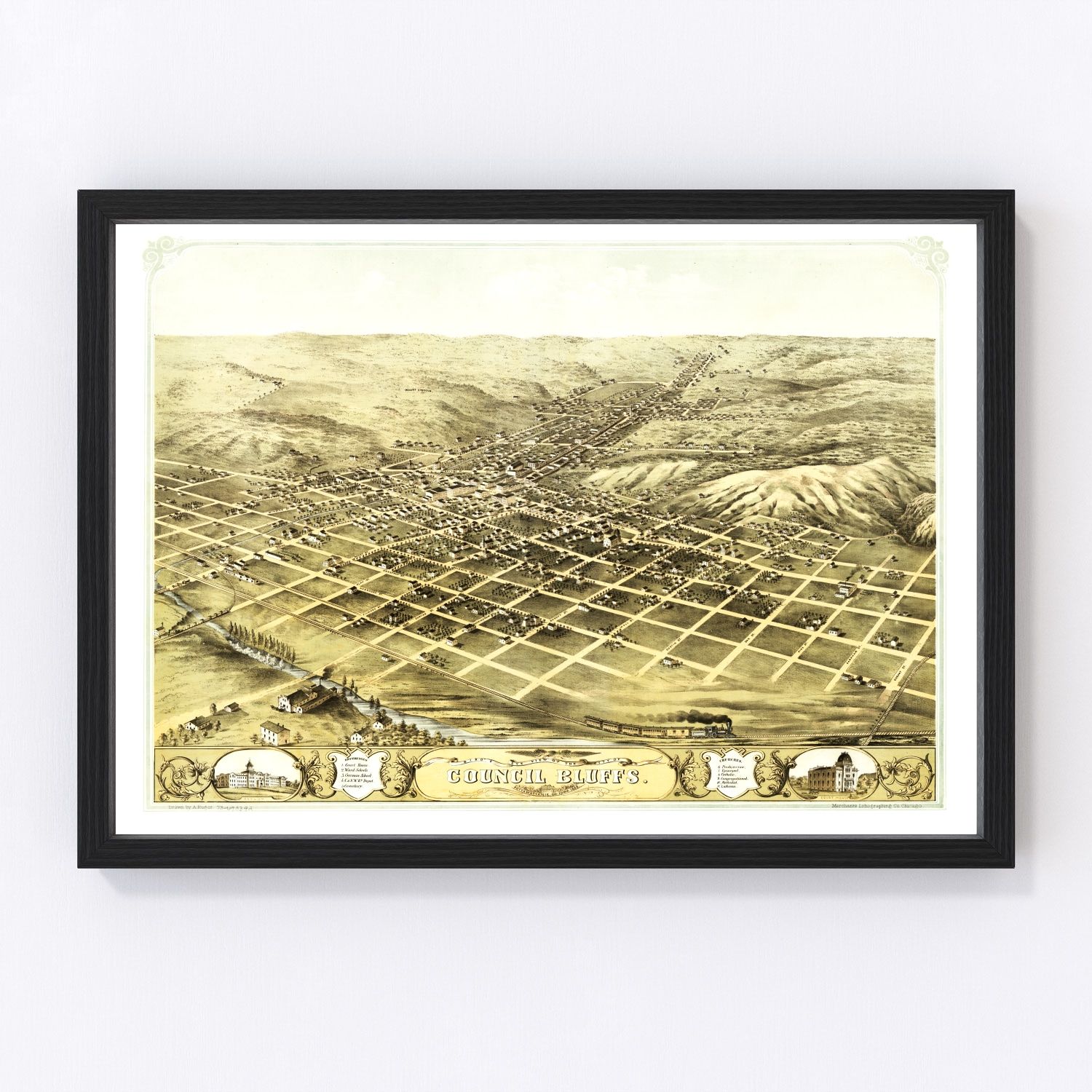 Vintage Map of Council Bluffs, Iowa 1868