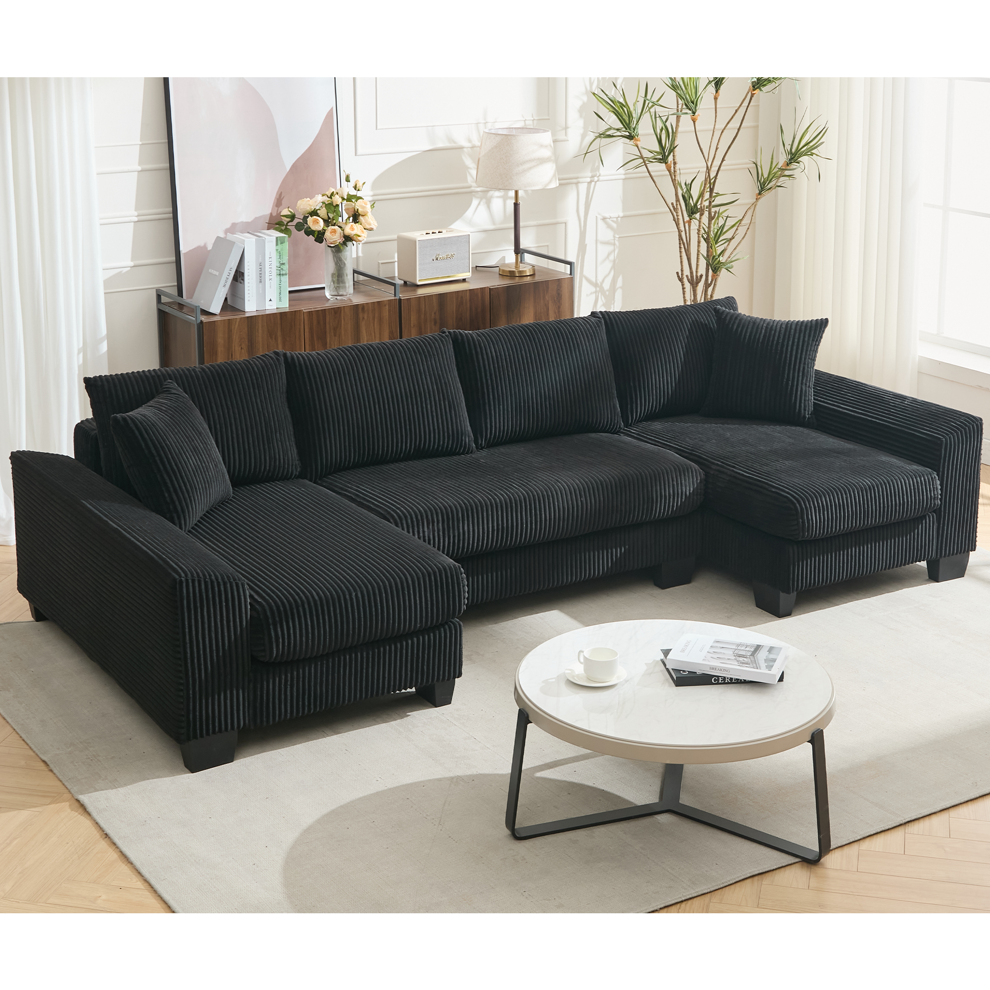 [NEW ARRIVED] [VIDEO PROVIDED]   114' Sleeper Sofa,U Shaped Sofa , Pull Out Bed,Convertible Oversize 2 in 1 Sleeper Sofa, Living Room,Upholstery Sofa Bed,Adjustable Sleeper Sofa,Corduroy,Black