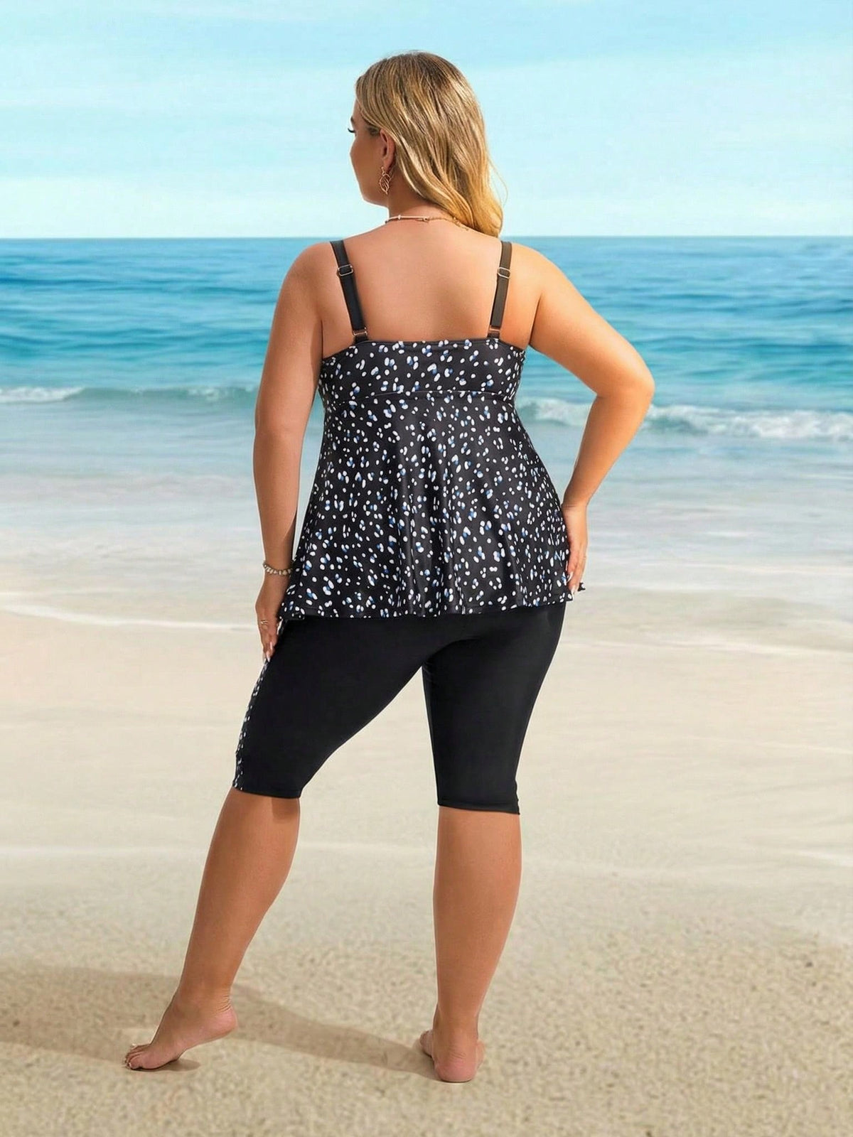 Women's Plus Size Modest Black & Blue Printed Tankini Set With Capri Leggings