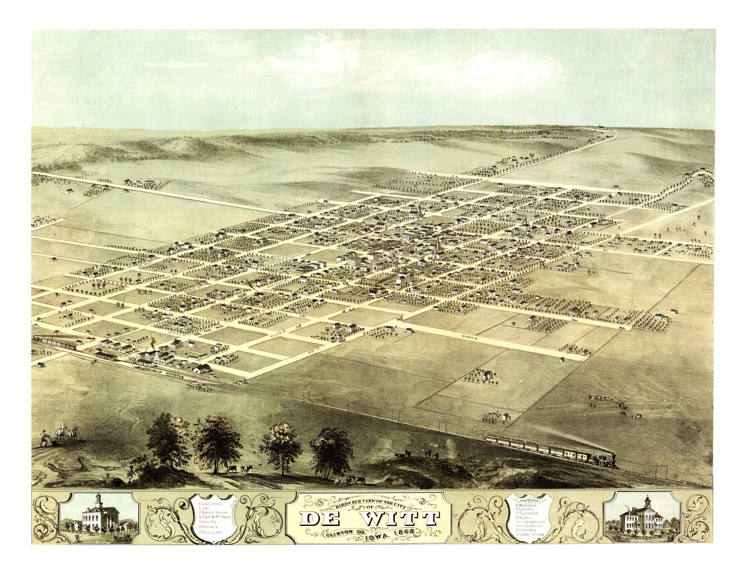 Vintage Map of De Witt, Iowa 1868