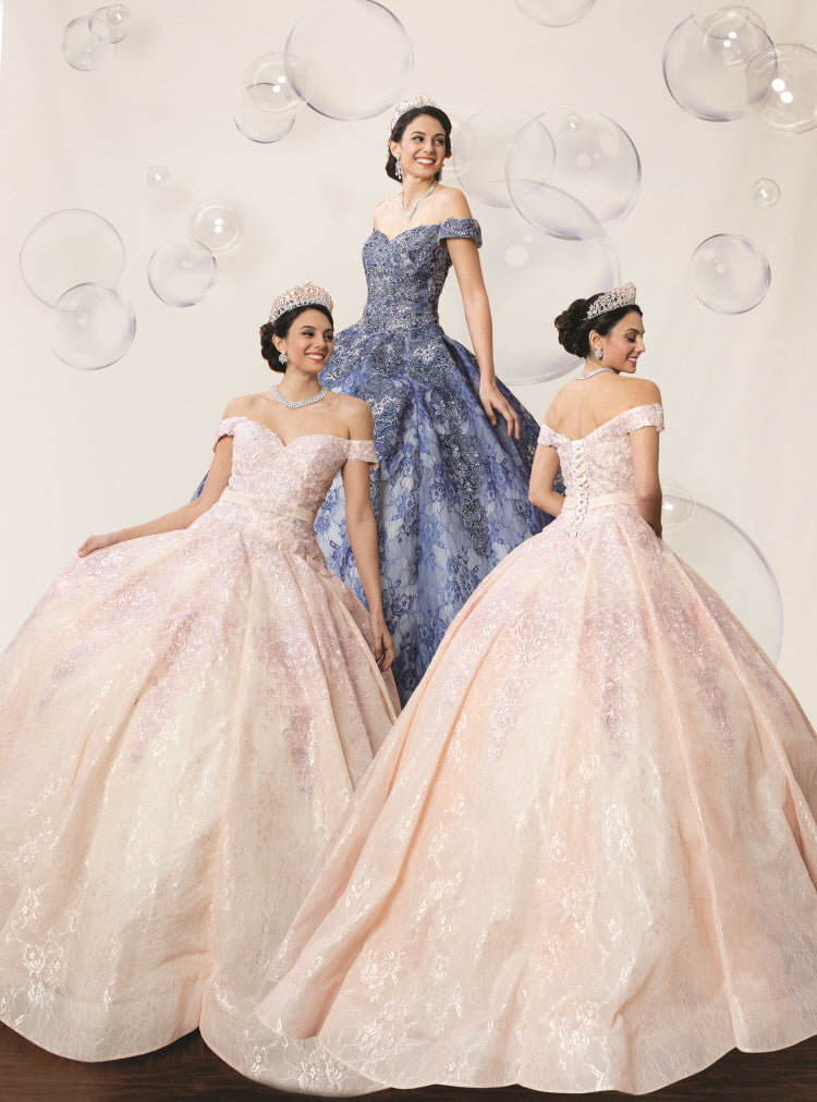 Blush & Navy Quinceañera Dress with Luxurious Lace