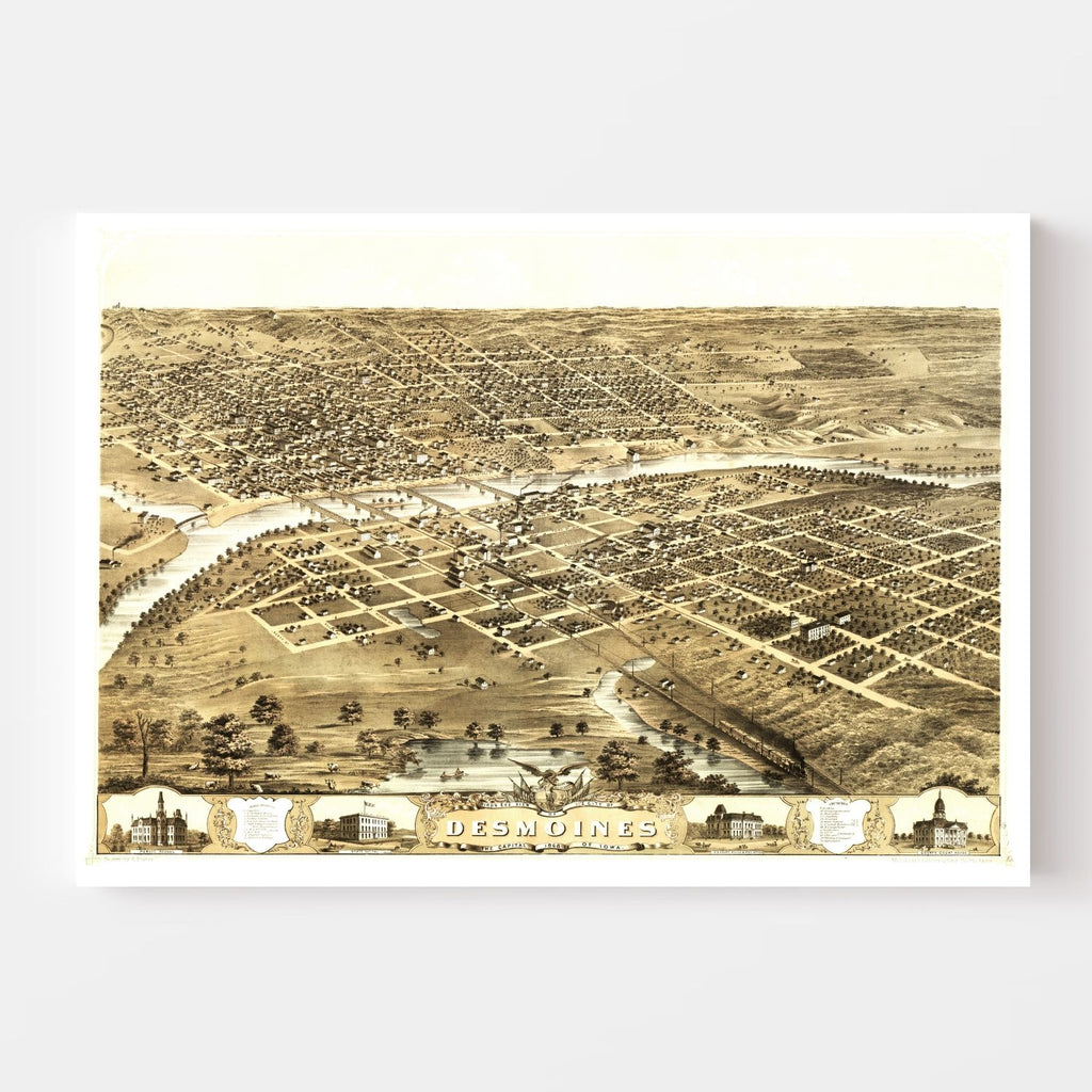 Vintage Map of Des Moines, Iowa 1868