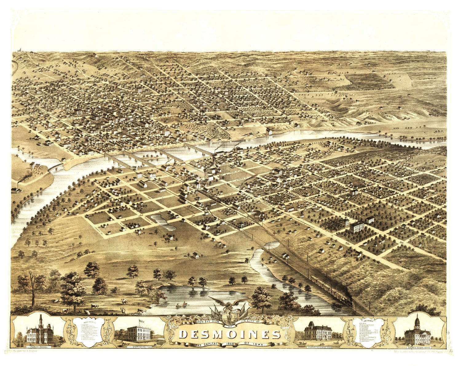 Vintage Map of Des Moines, Iowa 1868