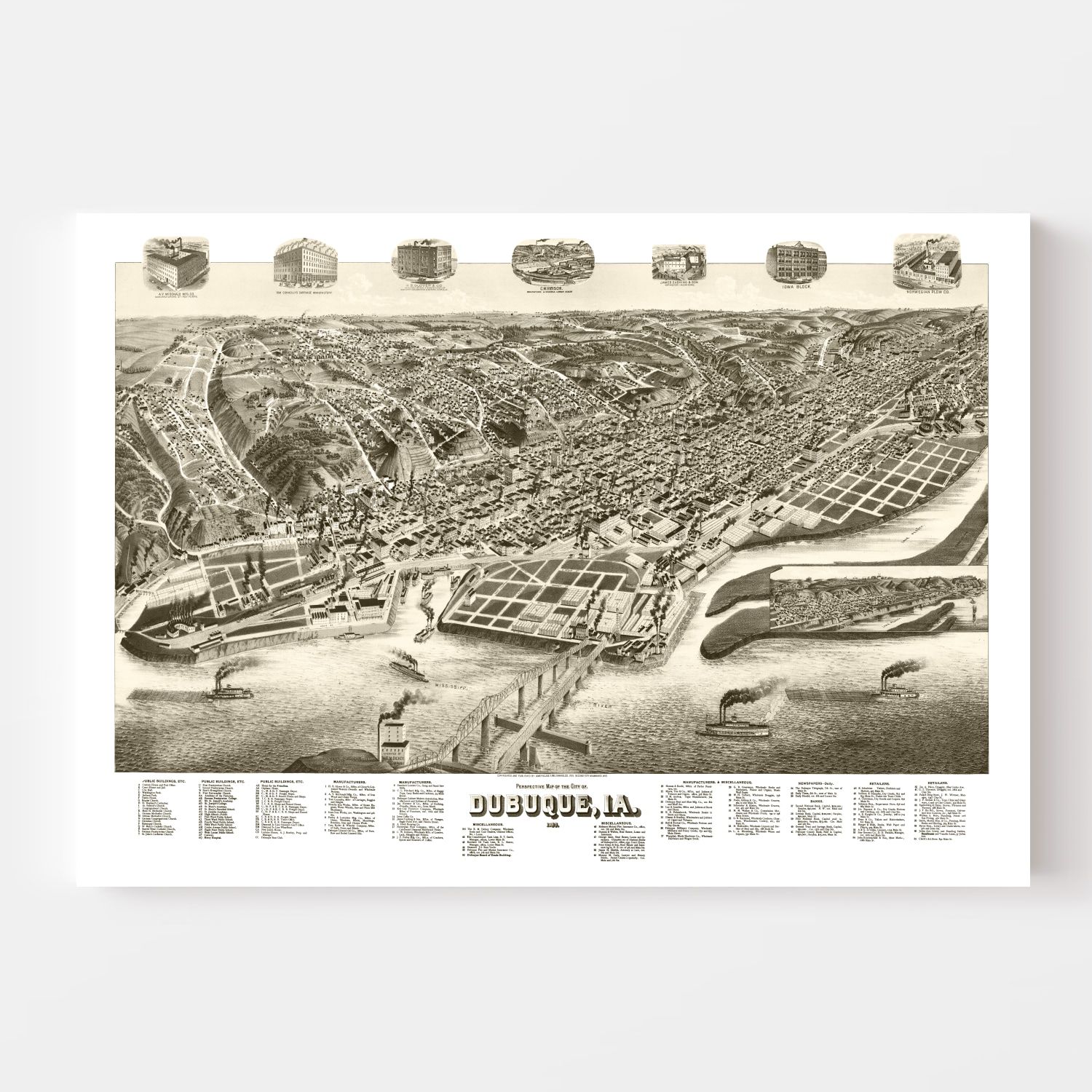 Vintage Map of Dubuque, Iowa 1889