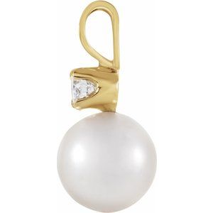 14K Yellow Gold Cultured White Akoya Pearl & .025 CTW Natural Diamond Pendant
