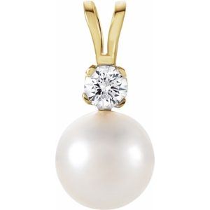 14K Yellow Gold Cultured White Akoya Pearl & .025 CTW Natural Diamond Pendant