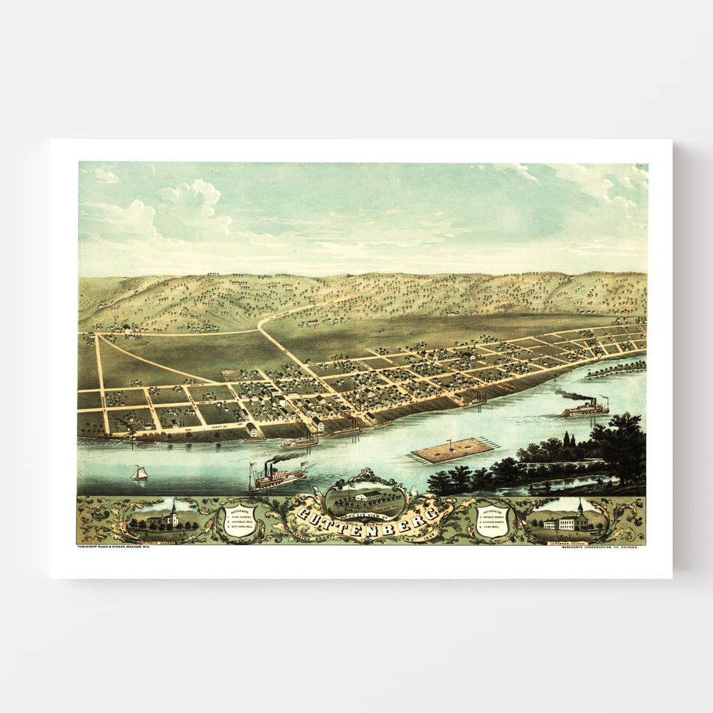 Vintage Map of Guttenberg, Iowa 1869