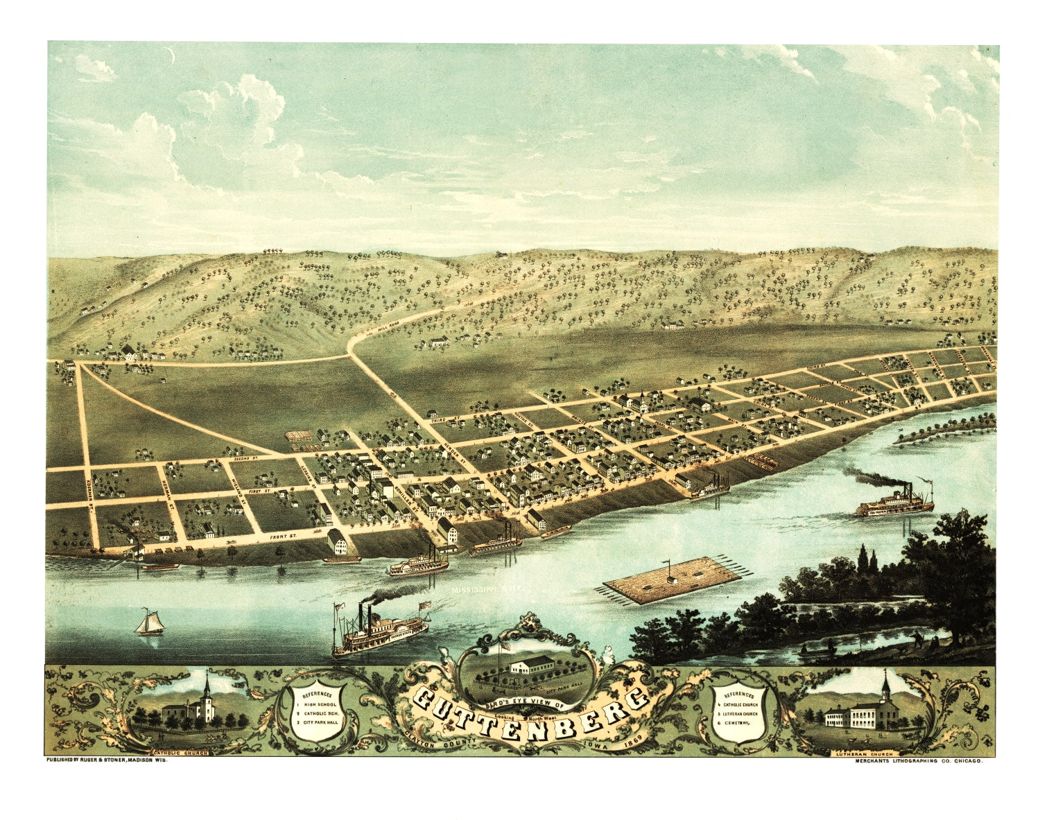 Vintage Map of Guttenberg, Iowa 1869