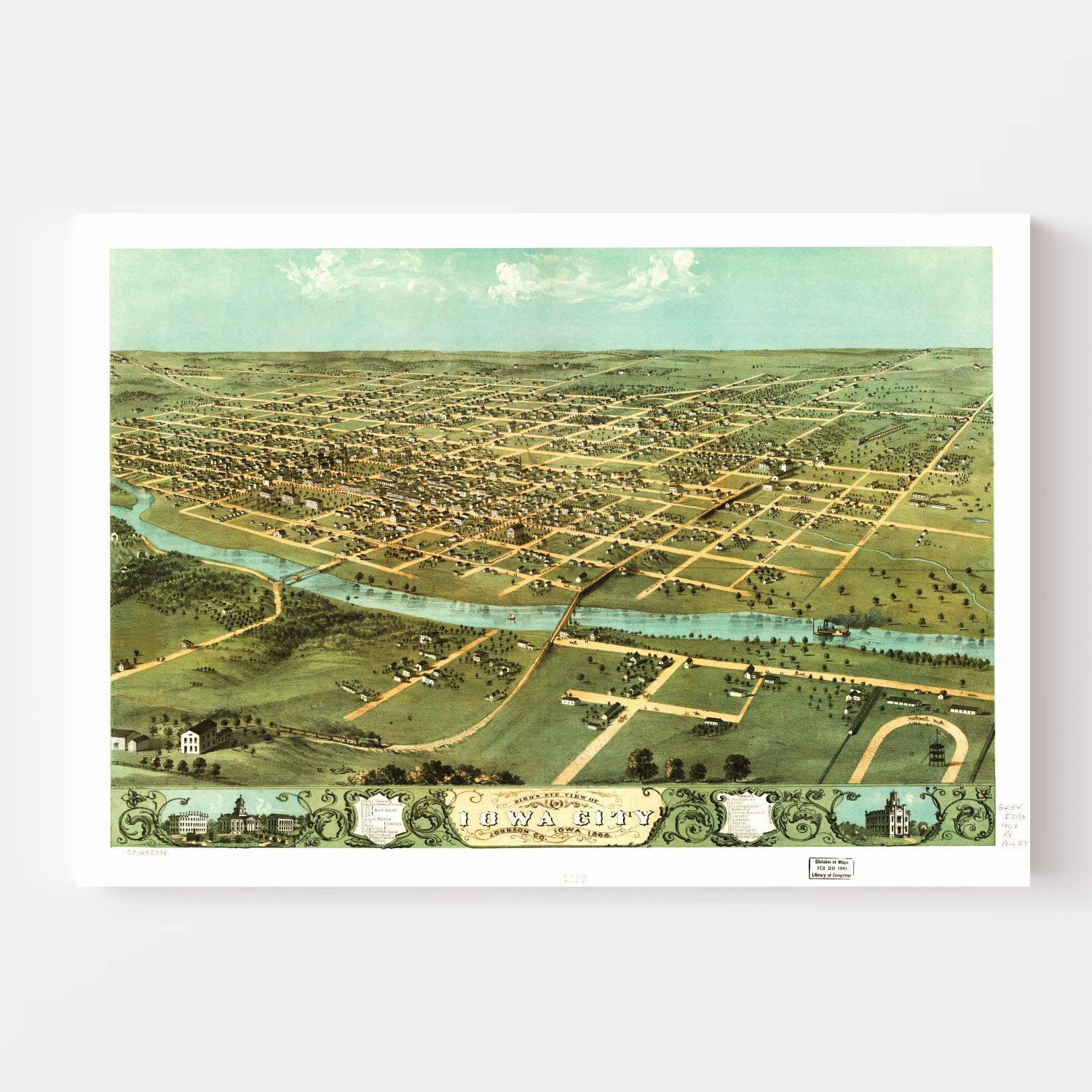 Vintage Map of Iowa City, Iowa 1868