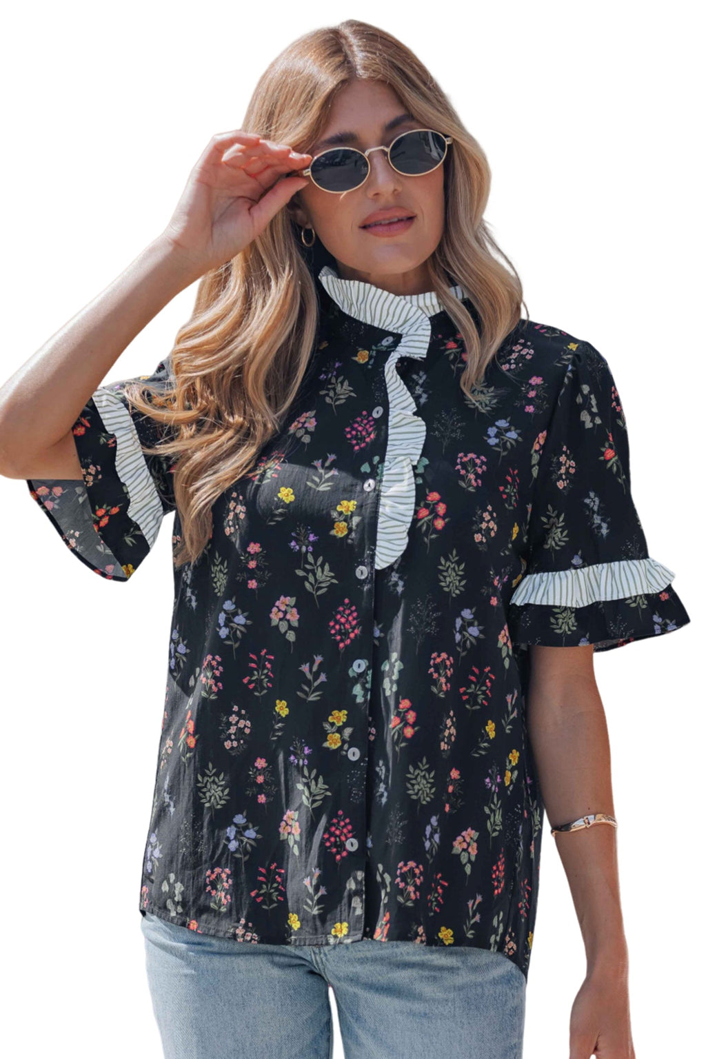 Floral Contrast Frill Trim Short Sleeve Shirt