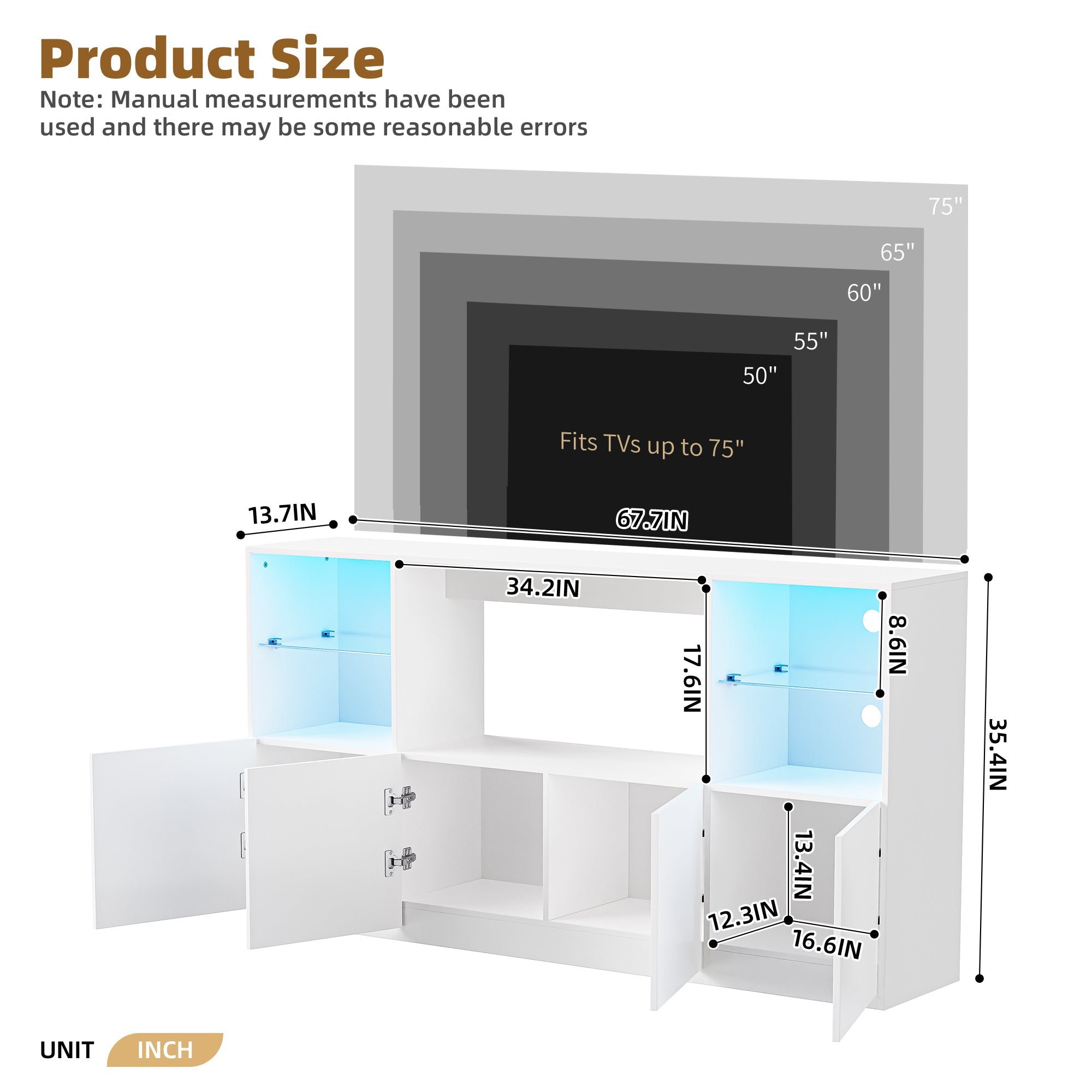 ON-TREND High Gloss TV Stand with LED Lights, Modern Sideboard with Large Storage Cabinet, Media Console with Tempered Glass Shelves for TVs up to 75', Living Room, White, 67'Wx13.7'D