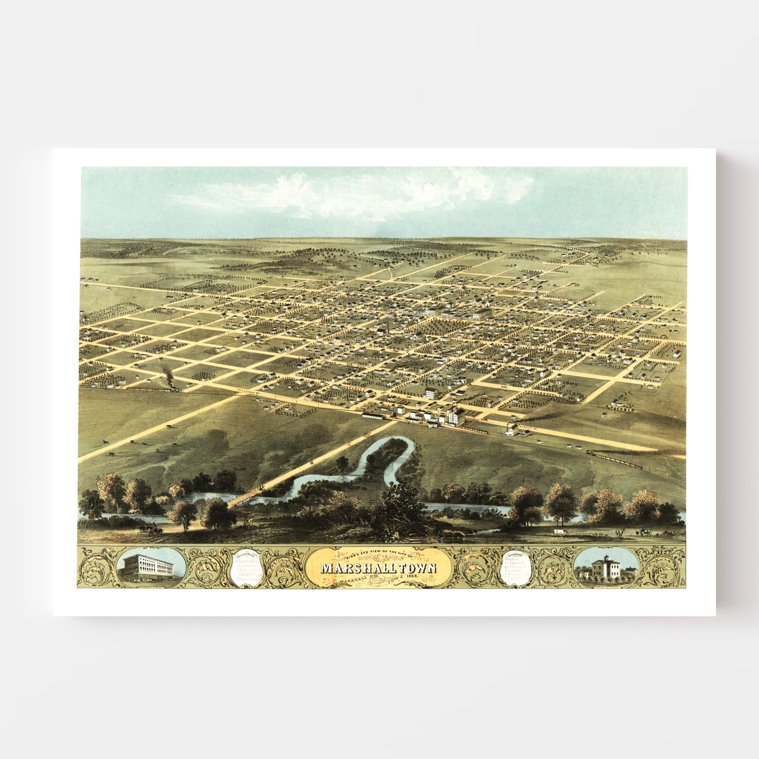 Vintage Map of Marshalltown, Iowa 1868