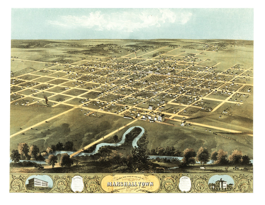 Vintage Map of Marshalltown, Iowa 1868