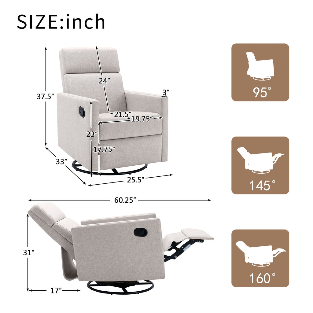 Modern Upholstered Rocker Nursery Chair with Plush Seating, Tan Linen, Swivel Recliner