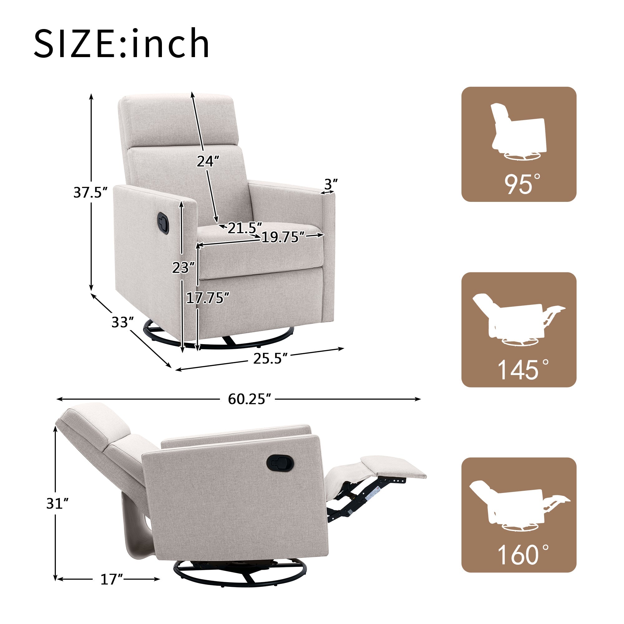 Modern Upholstered Rocker Nursery Chair with Plush Seating, Tan Linen, Swivel Recliner