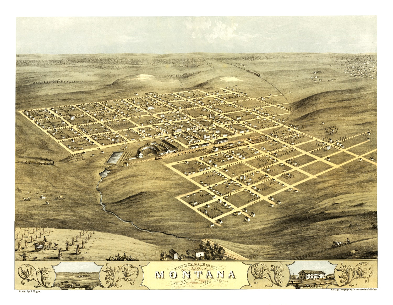Vintage Map of Montana, Iowa 1868