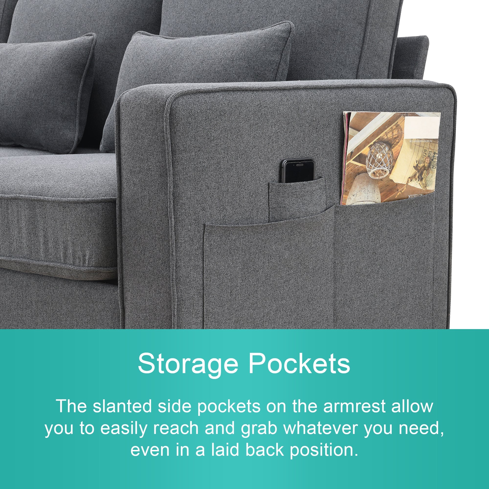 [VIDEO provided] [New] 104' 4-Seater Modern Linen Fabric Sofa with Armrest Pockets and 4 Pillows,Minimalist Style Couch for Living Room, Apartment, Office,3 Colors