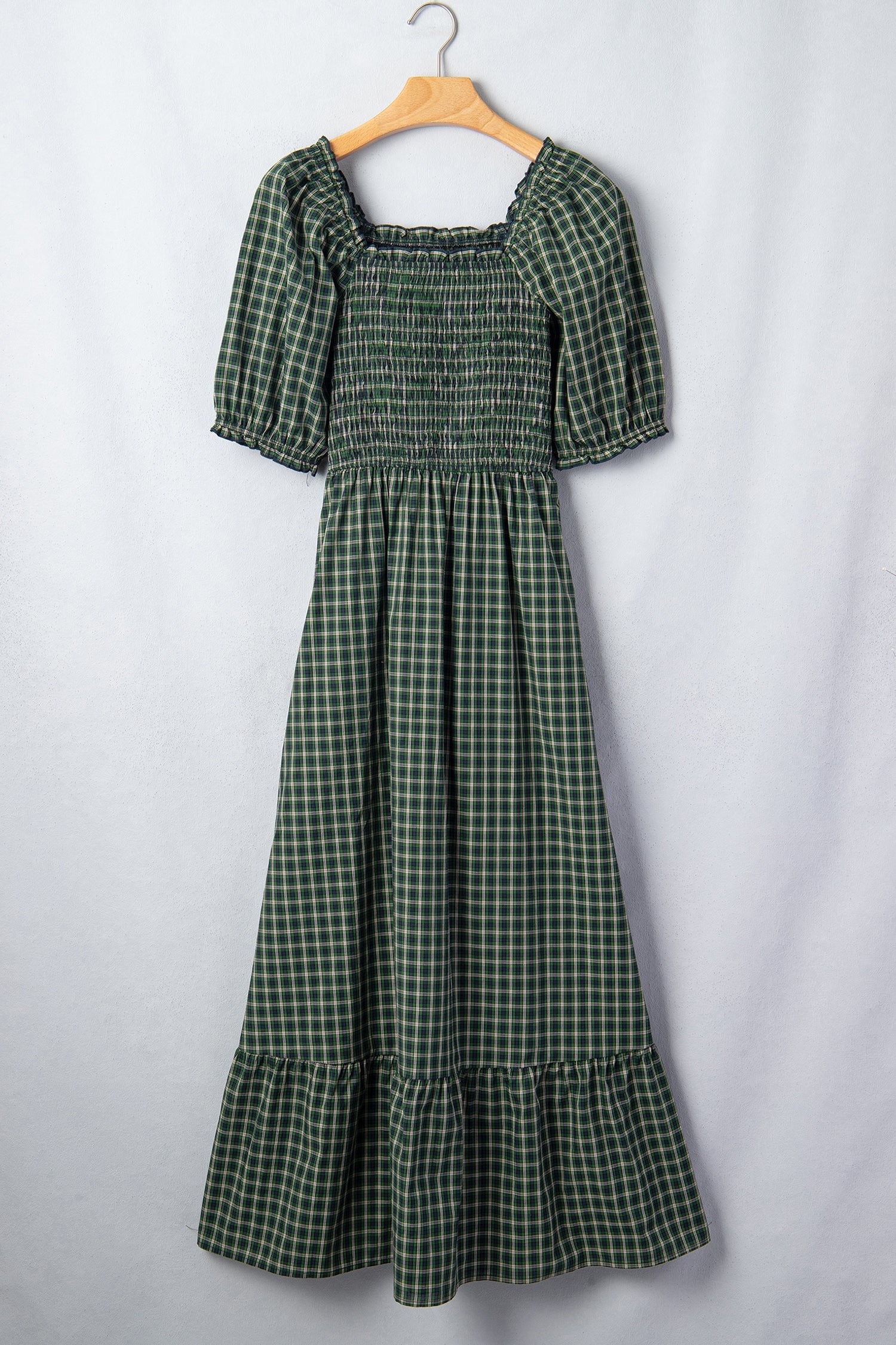 Plaid Shirred High Waist Square Neck Ruffle Hem Dress