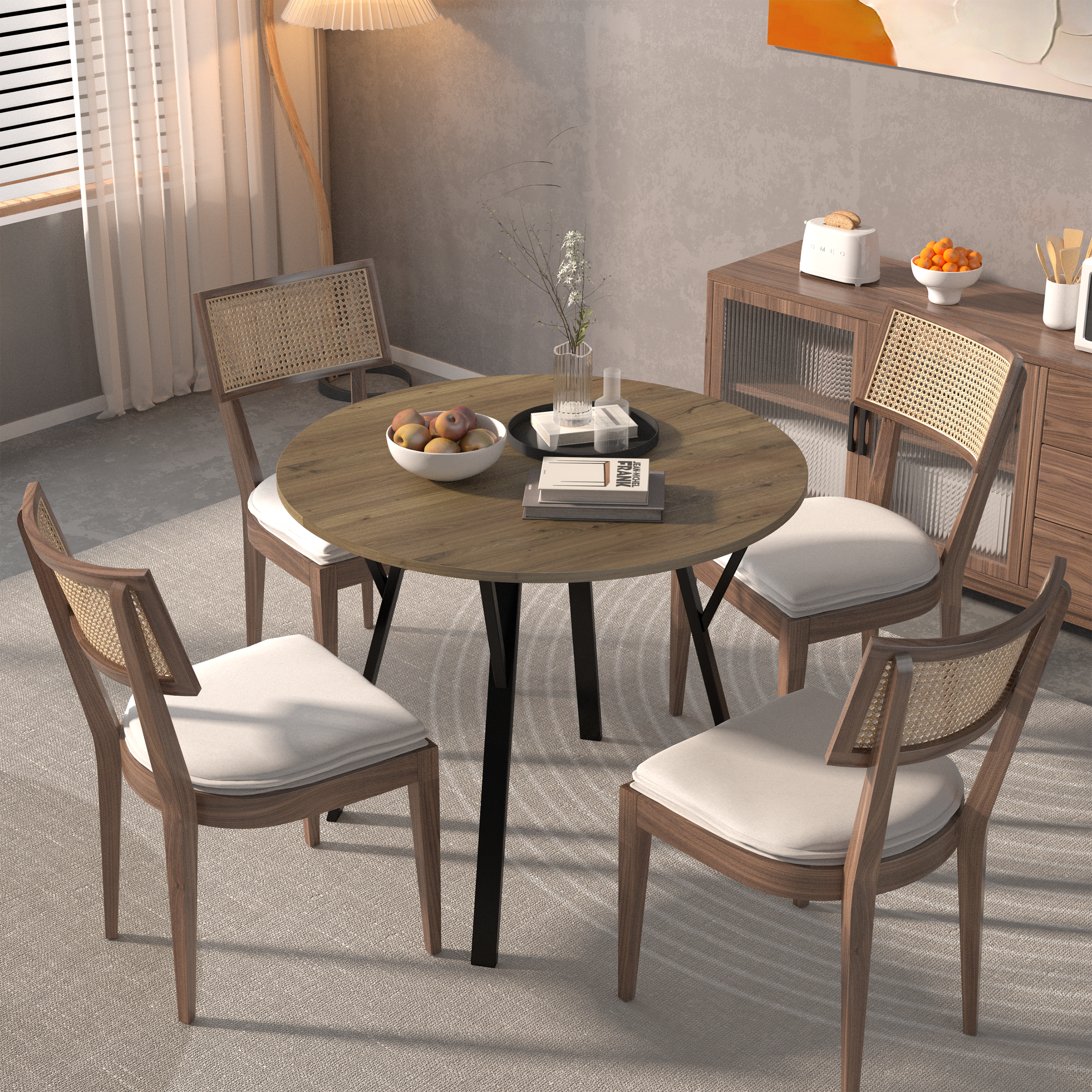 35.43 Inch Round Dining Table, Small Circle Kitchen Table with Metal Black Legs for 2-4 people,Modern Dining Room Table, Brown (only table)