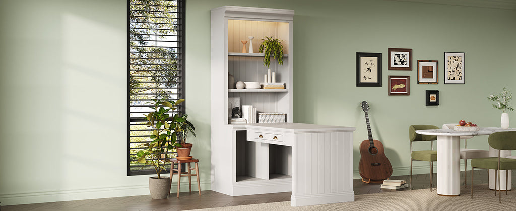 83.4'Tall Bookshelf with Writing Desk, Modern Bookcase with Study Desk, Workstation with Storage Shelf,Storage Bookcase with Open Shelves and LED Lighting for Living Room,Home Office,White