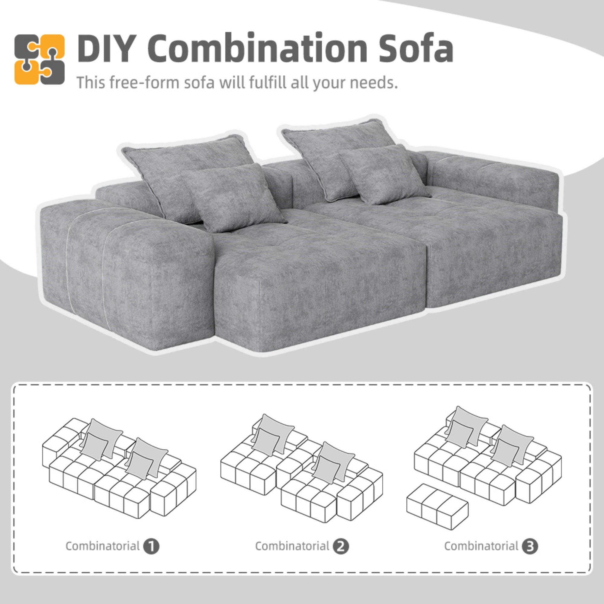 Modern Oversized Modular Sectional Sofa with 2 Chaise Lounge and 2 Armrest, Sparkling Chenille Fabric Soft Cushion Sofa with 4 Pillows, 4 PCS DIY Combination Tufted Sofa, No Assembly Required, GREY