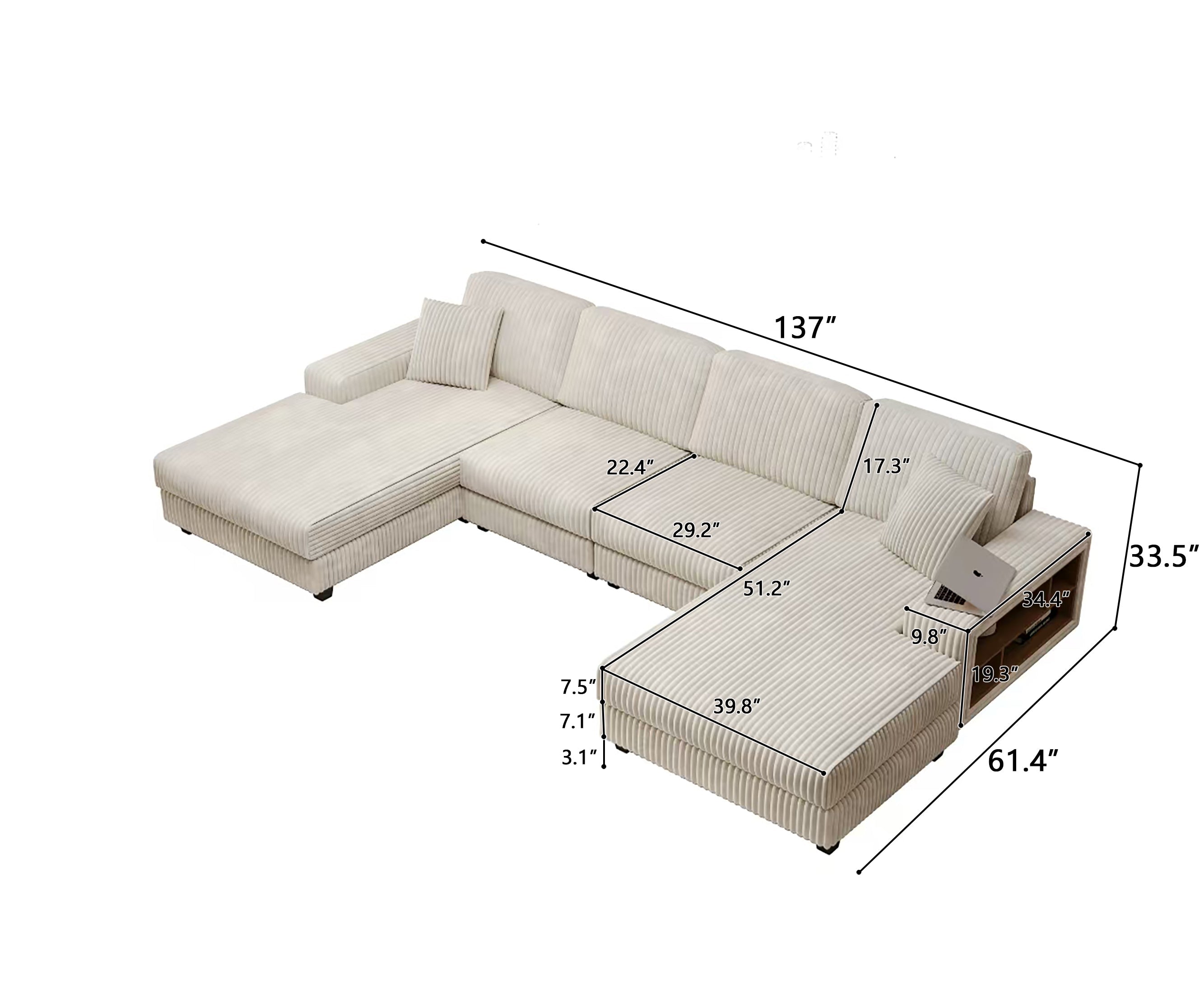Convertible U-shaped Combination Sofa, Corduroy Fabric, Modern Comfortable Large Size 4 Seat Sofa, Living Room Double Lounge Chair,Beige