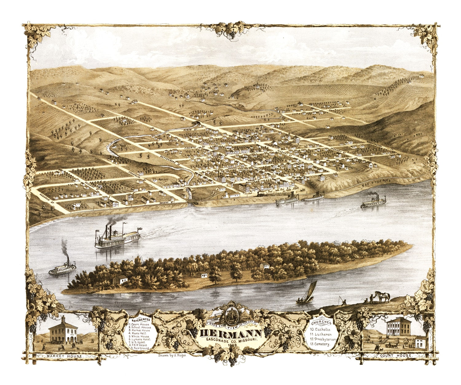 Vintage Map of Hermann, Missouri 1869