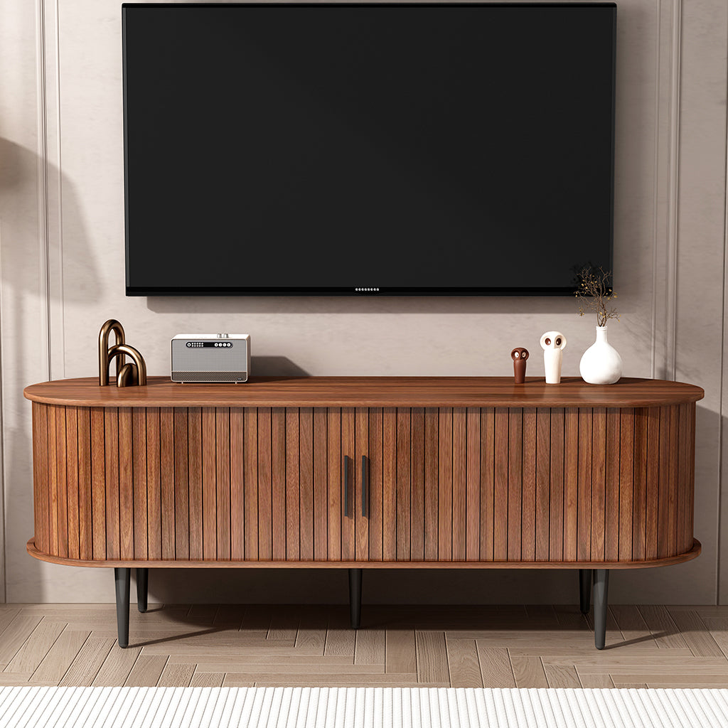 TV Stand, 55' Modern TV Console Table with Storage Compartment and Sliding Door, Gaming Entertainment Center with Cabinet for Living Room, Bedroom, Office (Walnut) BACK-TO-SCHOOL