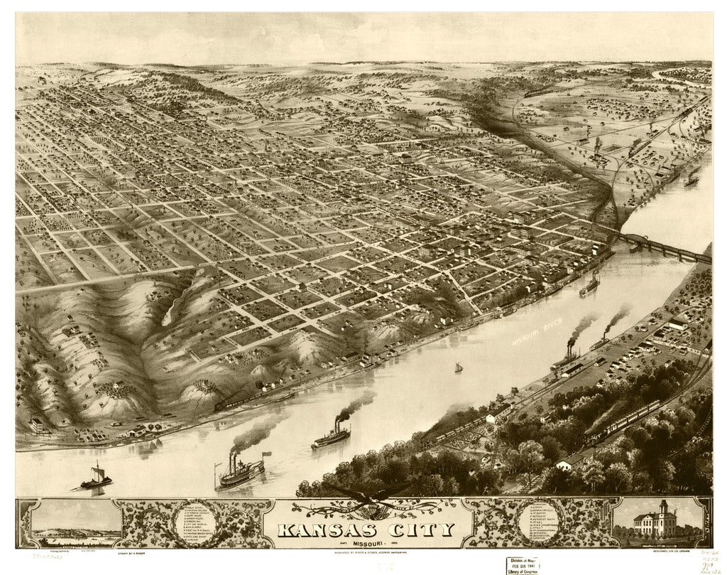 Vintage Map of Kansas City, Missouri 1869