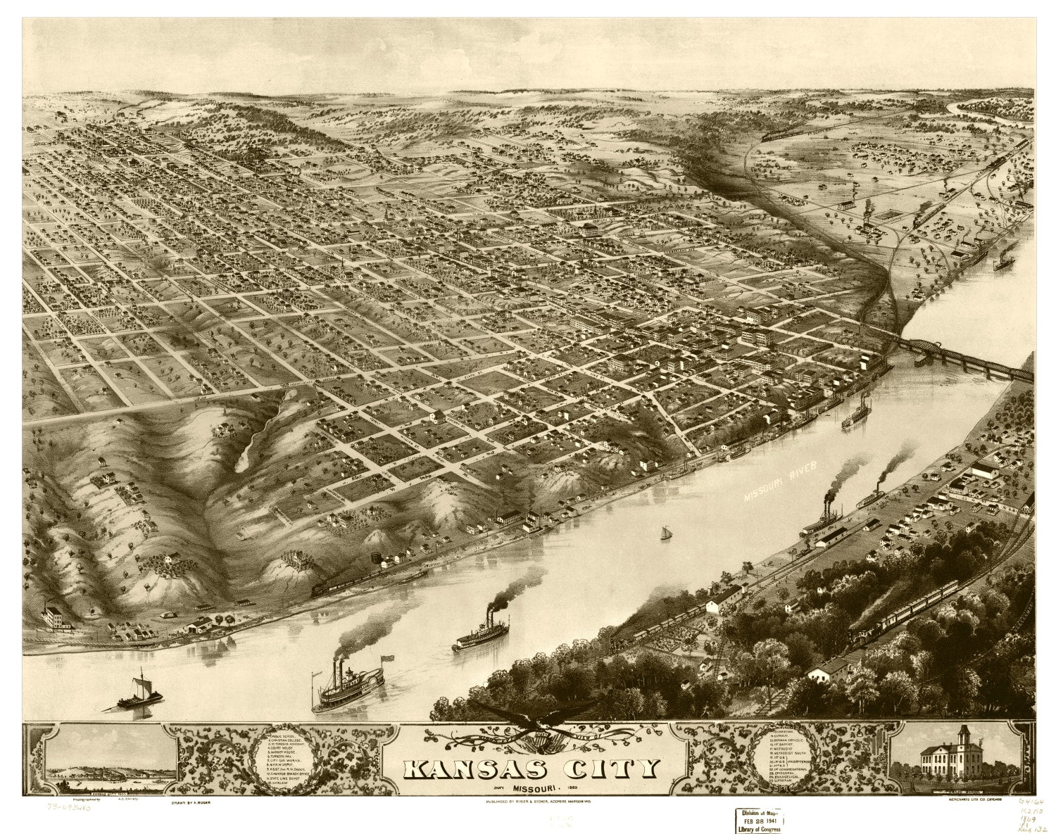 Vintage Map of Kansas City, Missouri 1869