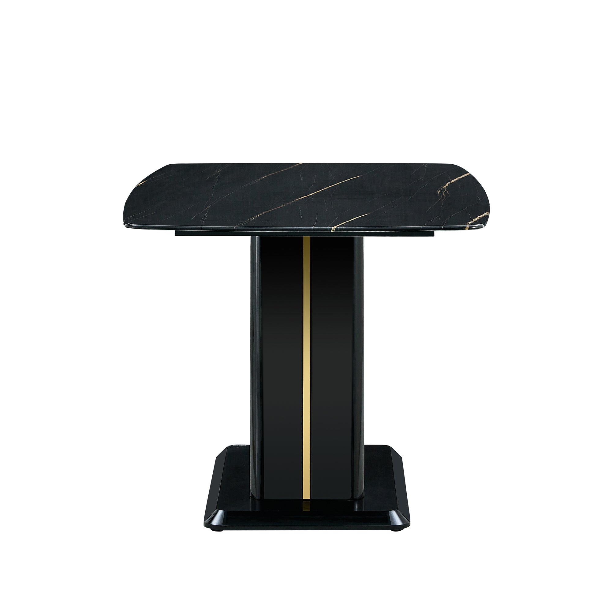 A modern, minimalist, and luxurious table. A black imitation marble tabletop with MDF U-shaped legs. Dining table, computer table. For restaurants and living rooms 63' * 35.4'* 30' F-U