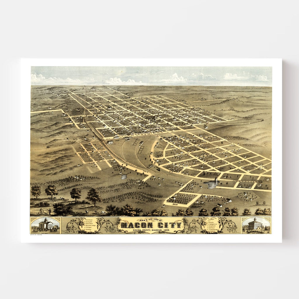 Vintage Map of Macon City, Missouri 1869