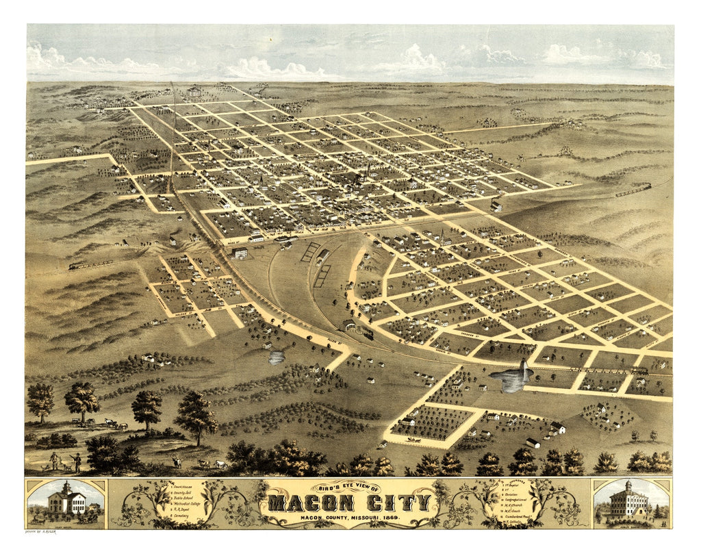 Vintage Map of Macon City, Missouri 1869