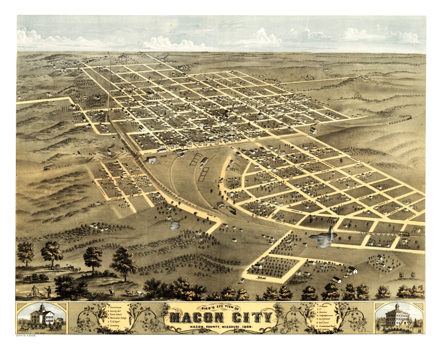 Vintage Map of Macon City, Missouri 1869