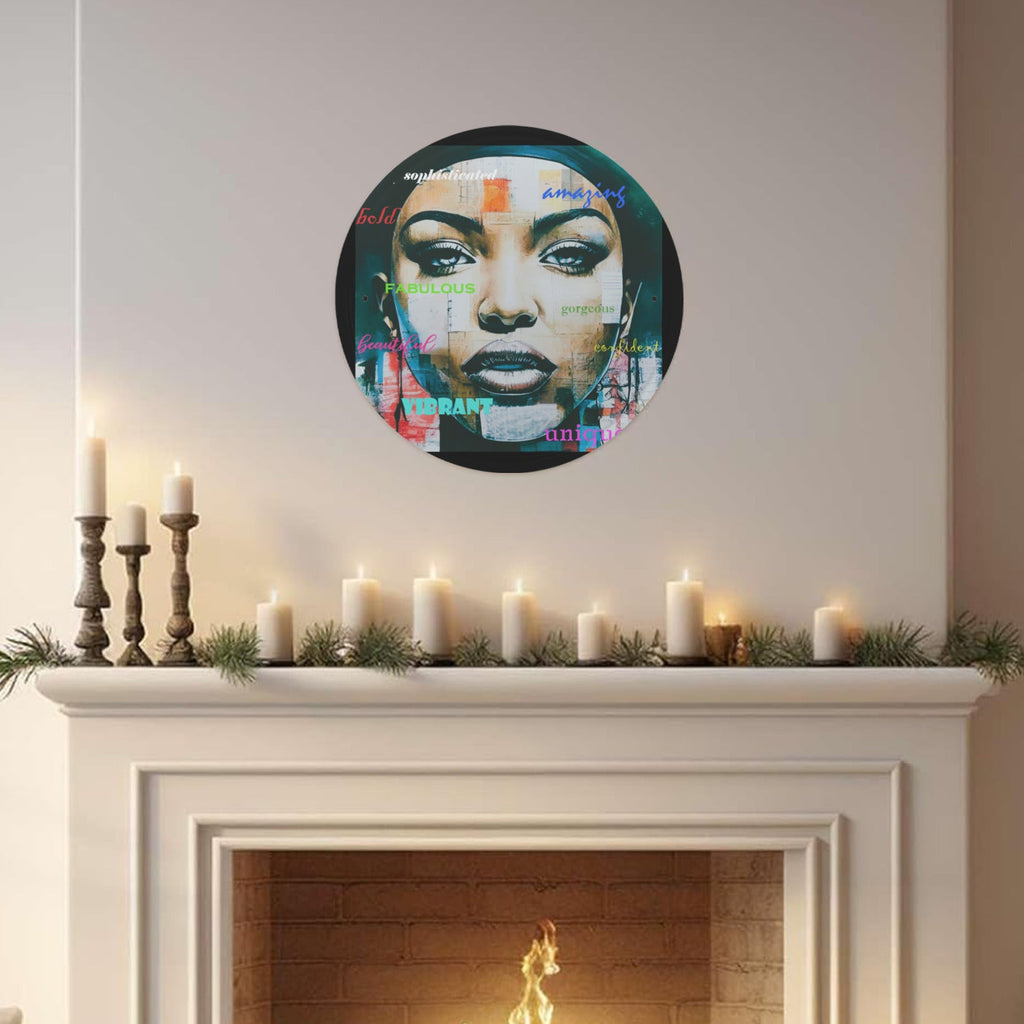 Beautiful Confident Woman with Uplifting Words Round Metal Sign (Made in USA)
