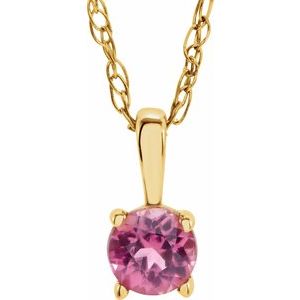 14K Yellow Gold 3 mm Natural Pink Tourmaline Youth Solitaire 14" Necklace