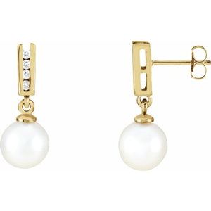 14K Yellow Gold Cultured White Akoya Pearl & 1/10 CTW Natural Diamond Earrings