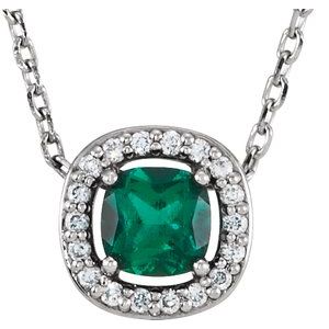 14K White Gold Lab-Grown Emerald & .05 CTW Natural Diamond 16" Necklace