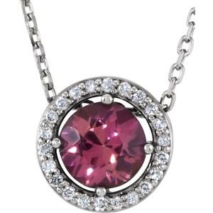 Platinum Natural Pink Tourmaline & .05 CTW Natural Diamond Halo-Style 16" Necklace
