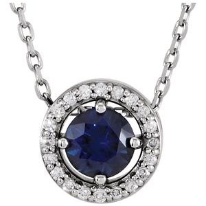 14K White Gold Lab-Grown Blue Sapphire & .05 CTW Natural Diamond Halo-Style 16" Necklace
