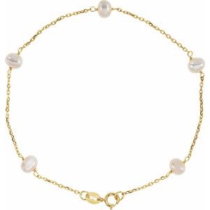 14K Yellow Gold Cultured White Freshwater Pearl  5-Station 7" Bracelet