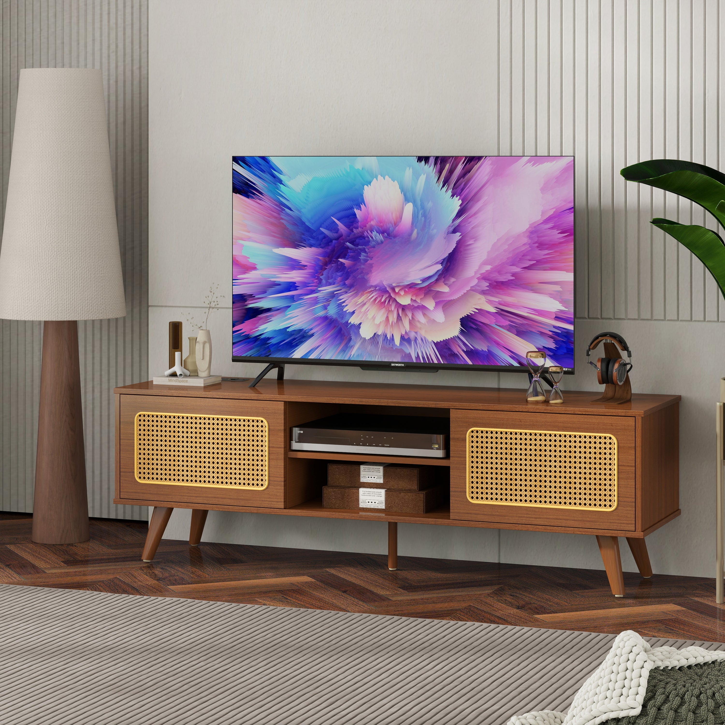 Mid Century Modern Rattan TV Stand for 55/60/65 inch TV , Entertainment Cabinet, Media Console for Living Room Bedroom Media Room, Solid Wood Feet & Rattan Cabinet Doors  (Walnut, 59')