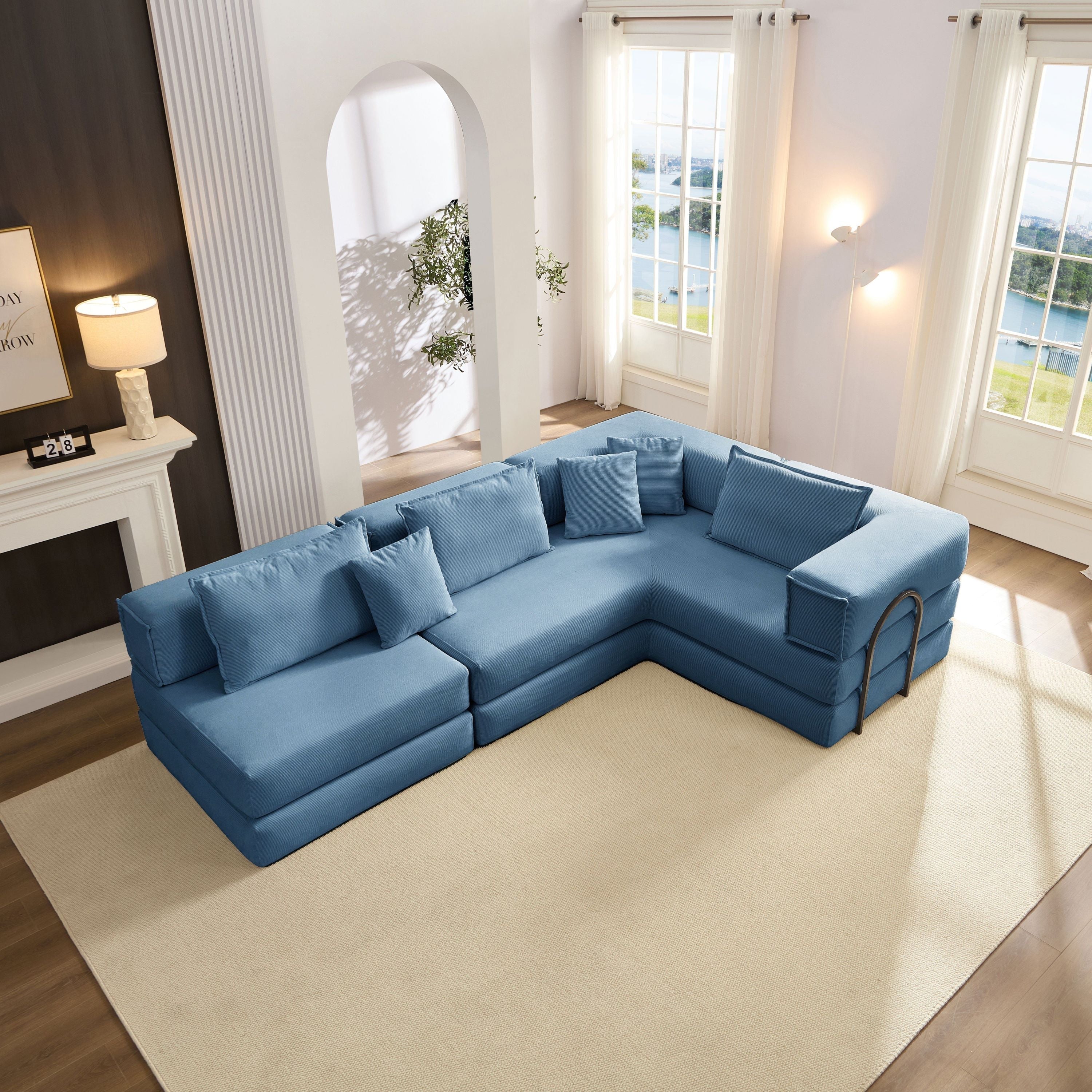 Oversized Upholstered Sectional Sofa Couch Set, Modular 118.2 ' L Shaped Floor Living Room Sofa Set With 6 Pillows, DIY Combination Sofa Couch for living rooms, apartments,bedrooms, Blue